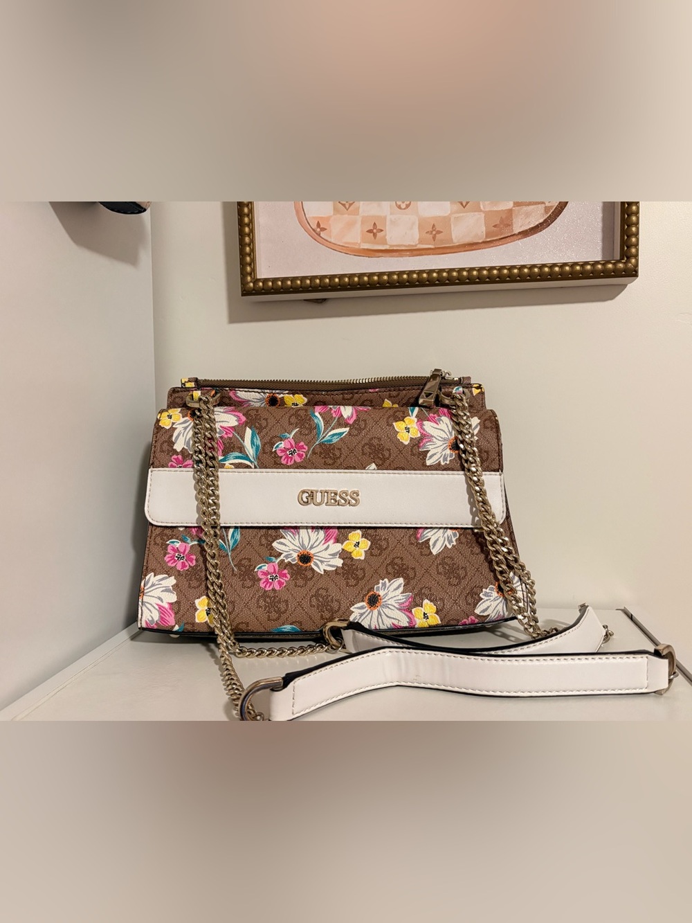 GUESS Brown Floral Shoulder Bag with White Trim and Gold Chain